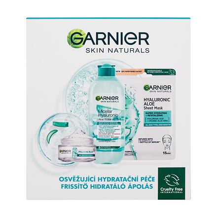 Garnier Skin Naturals Hyaluronic Aloe dámský dárková sada denní pleťový krém Skin Naturals Hyaluronic Aloe Jelly Daily Cream 50 ml + micelární voda Skin Naturals Micellar Hyaluronic Aloe Water 400 ml + pleťová maska Skin Naturals Hyaluronic Aloe Serum Tis