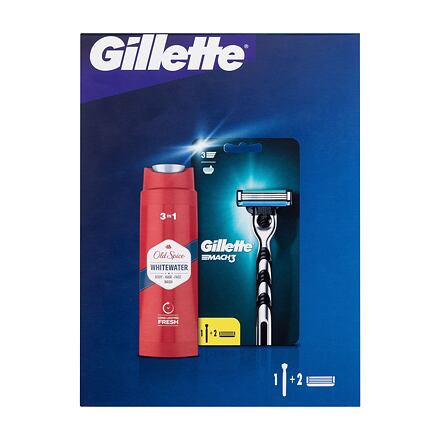 Gillette Mach3 pánský dárková sada holicí strojek 1 ks + náhradní hlavice 1 ks + sprchový gel a šampon Old Spice Whitewater 3in1 250 ml pro muže
