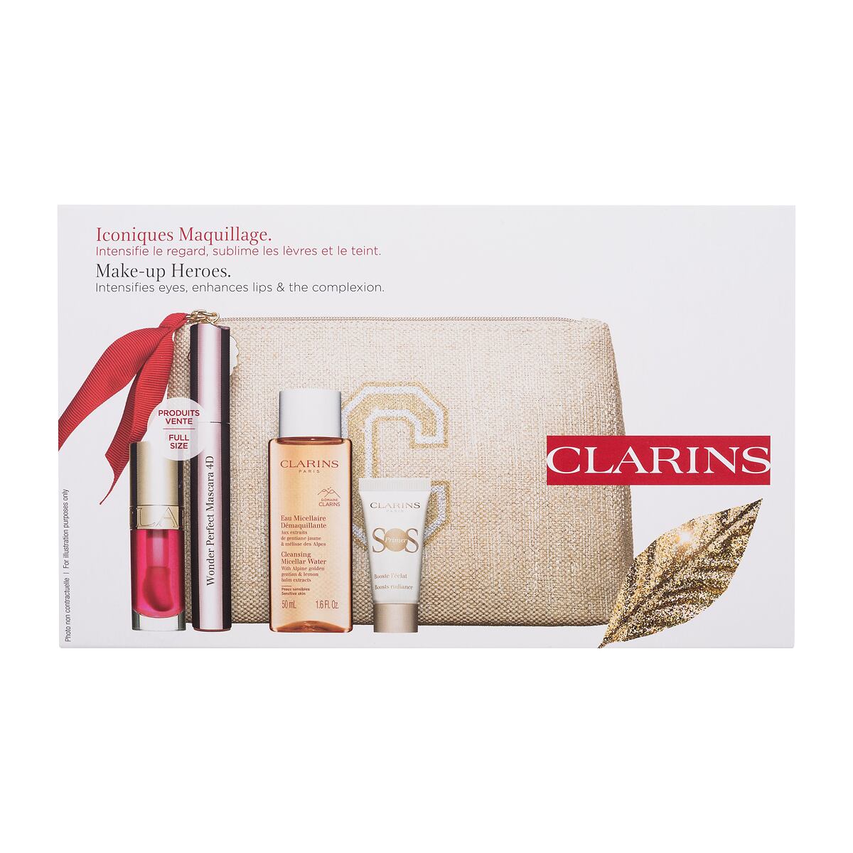 Clarins Make-up Heroes dámská odstín černá dárková sada řasenka Wonder Perfect Mascara 4D 8 ml 01 Perfect Black + olej na rty Lip Comfort Oil 7 ml 04 Pitaya + micelární voda Cleansing Micellar Water 50 ml + podkladová báze SOS Primer 5 ml + kosmetická taš