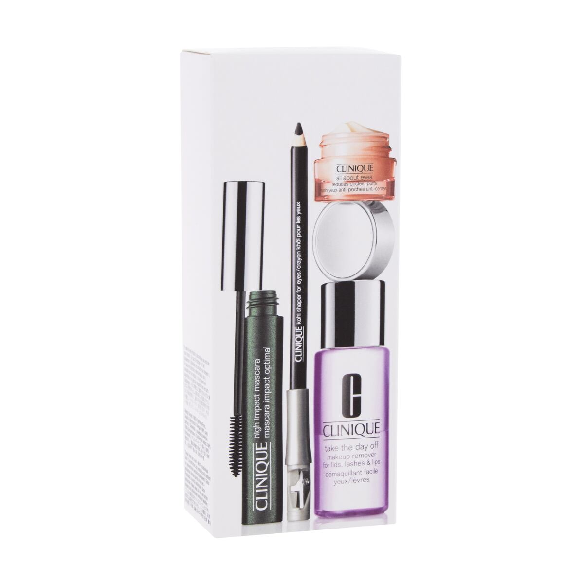 Clinique Eye Definition odstín 01 Black sada řasenka High Impact Mascara 7 g + tužka na oči Kohl Shapes 1,2 g + odličovač očí Take The Day off Make Up Remover 50 ml + oční krém All About Eyes 7 ml
