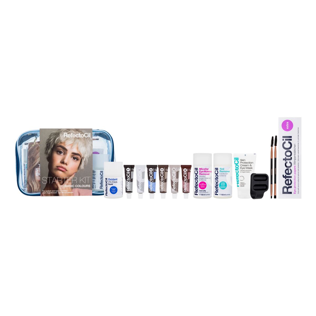 RefectoCil Starter Kit Basic Colours dámská odstín paletka barev dárková sada odličovač očí Eye Make-up Remover 150 ml + odličovač barvy Tint Remover 150 ml + aktivační emulze Oxidant 3% 100 ml + barva na obočí 15 ml 1, 1.1, 2, 3, 3.1, 4 + ochranný krém C