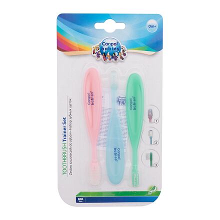 Canpol babies Baby Toothbrush Trainer Set dárková sada masážní kartáček 1 ks + gumový kartáček na čištění prvních zoubků 1 ks + zubní kartáček 1 ks