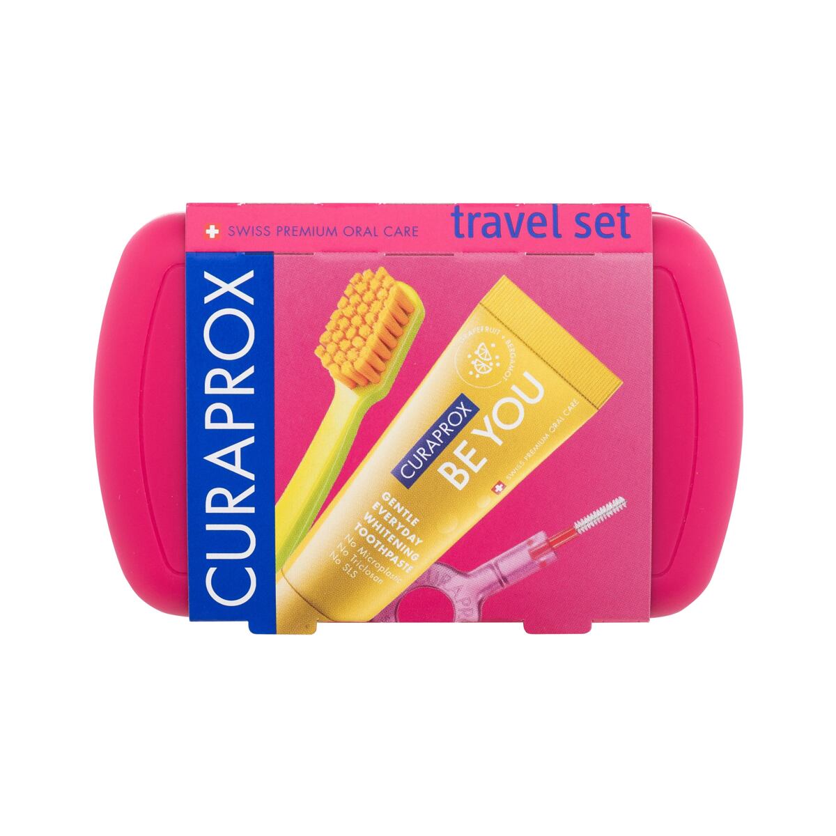 Curaprox Travel Set Red sada: skládací zubní kartáček CS 5460 Ultra Soft 1 ks + zubní pasta Be You Rising Star Grapefruit & Bergamot 10 ml + mezizubní kartáček 2 ks + držák na mezizubní kartáček 1 ks