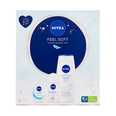 Nivea Feel Soft dámský dárková sada sprchový gel Creme Soft 250 ml + antiperspirant roll-on Original Natural 50 ml + hydratační krém Soft 100 ml pro ženy