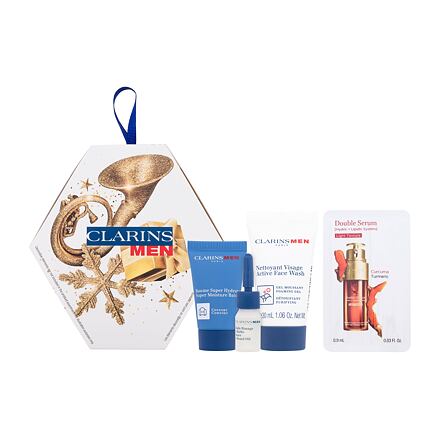 Clarins Men Essentials pánský dárková sada čisticí gel Men Active Face Wash 30 ml + pleťový balzám Men Super Moisture Balm 12 ml + olej na holení Men Shave And Beard Oil 3 ml + pleťové sérum Double Serum Light Texture 0,9 ml pro muže