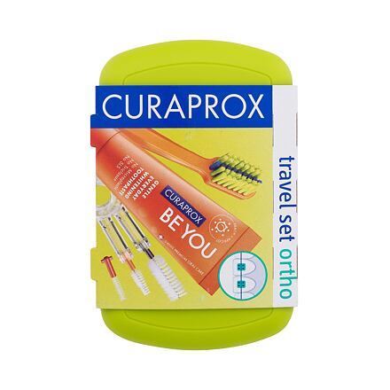 Curaprox Travel Ortho Green sada: skládací zubní kartáček CS 5460 Ortho 1 ks + zubní pasta Be You Pure Happiness Peach & Apricot 10 ml + držák na mezizubní kartáčky 1 ks + mezizubní kartáček 3 ks