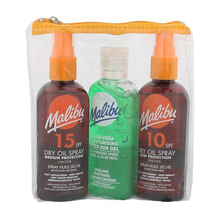 Malibu Dry Oil Spray unisex dárková sada suchý olej na opalování SPF15 100 ml + suchý olej na opalování SPF10 100 ml + gel po opalování Aloe Vera 100 ml