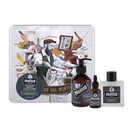 PRORASO Cypress & Vetyver Beard Wash dárková sada šampon na vousy 200 ml + balzám na vousy 100 ml + olej na vousy 30 ml + plechová dóza