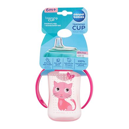 Canpol babies Cute Animals Training Cup Cat tréninkový hrneček se silikonovým pítkem a úchyty 320 ml