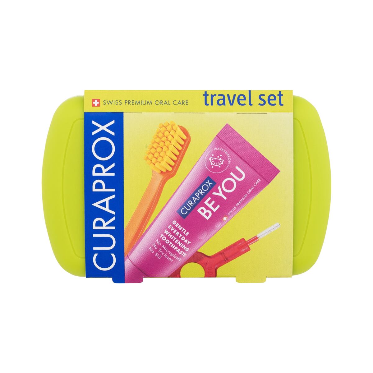 Curaprox Travel Set Green sada: skládací zubní kartáček CS 5460 Ultra Soft 1 ks + zubní pasta Be You Candy Lover Watermelon 10 ml + mezizubní kartáček 2 ks + držák na mezizubní kartáček 1 ks