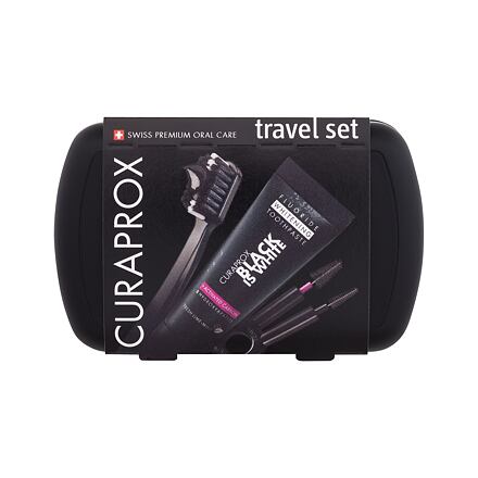 Curaprox Black Is White Travel Set sada: skládací zubní kartáček CS 5460 Ultra Soft 1 ks + zubní pasta Black Is White 10 ml + mezizubní kartáček 2 ks + držák na mezizubní kartáček 1 ks