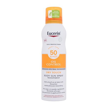 Eucerin Sun Oil Control Body Sun Spray Dry Touch SPF50 unisex voděodolný transparentní sprej na opalování pro aknózní pokožku 200 ml