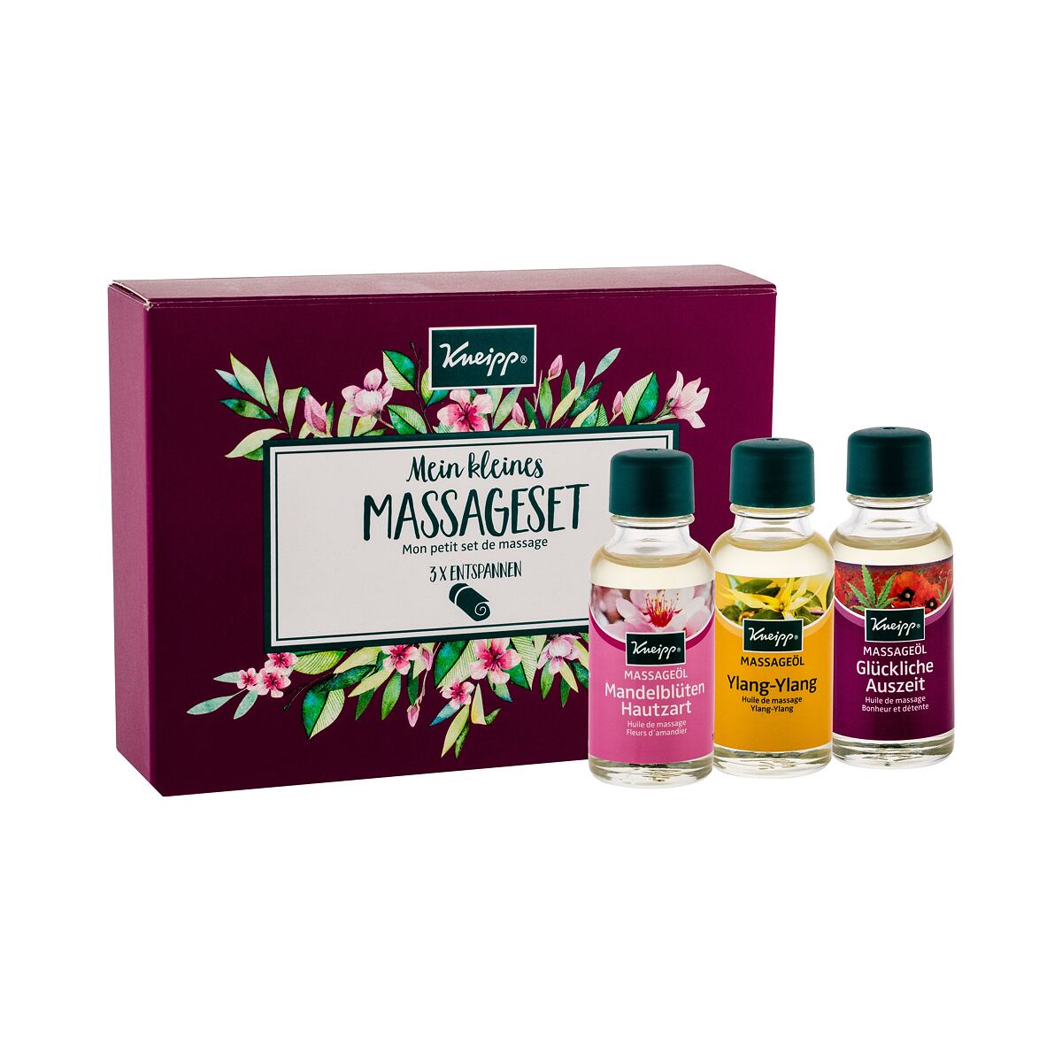 Kneipp Massage Oil dárková sada masážní olej Ylang-Ylang 20 ml + masážní olej Šťastné časy 20 ml + masážní olej Mandlové květy 20 ml