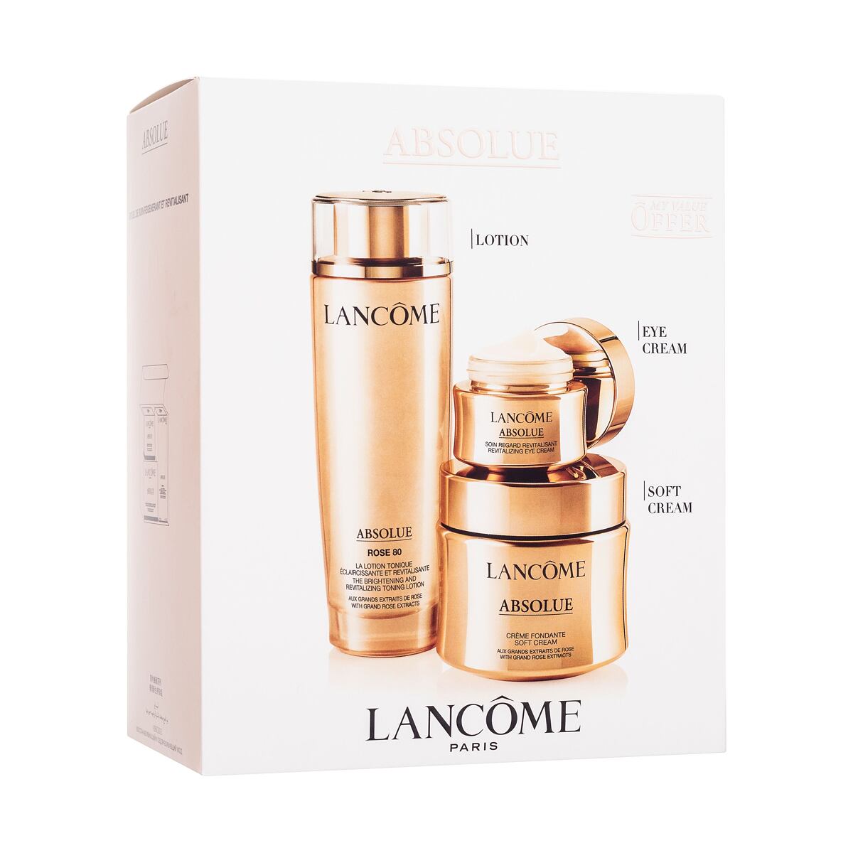 Lancôme Absolue dámský dárková sada denní pleťový krém Absolue Regenerating Brightening Soft Cream 60 ml + oční krém Absolue Revitalizing Eye Cream 20 ml + pleťová voda Absolue Rose 80 The Brightening And Revitalizing Toning Lotion 150 ml pro ženy