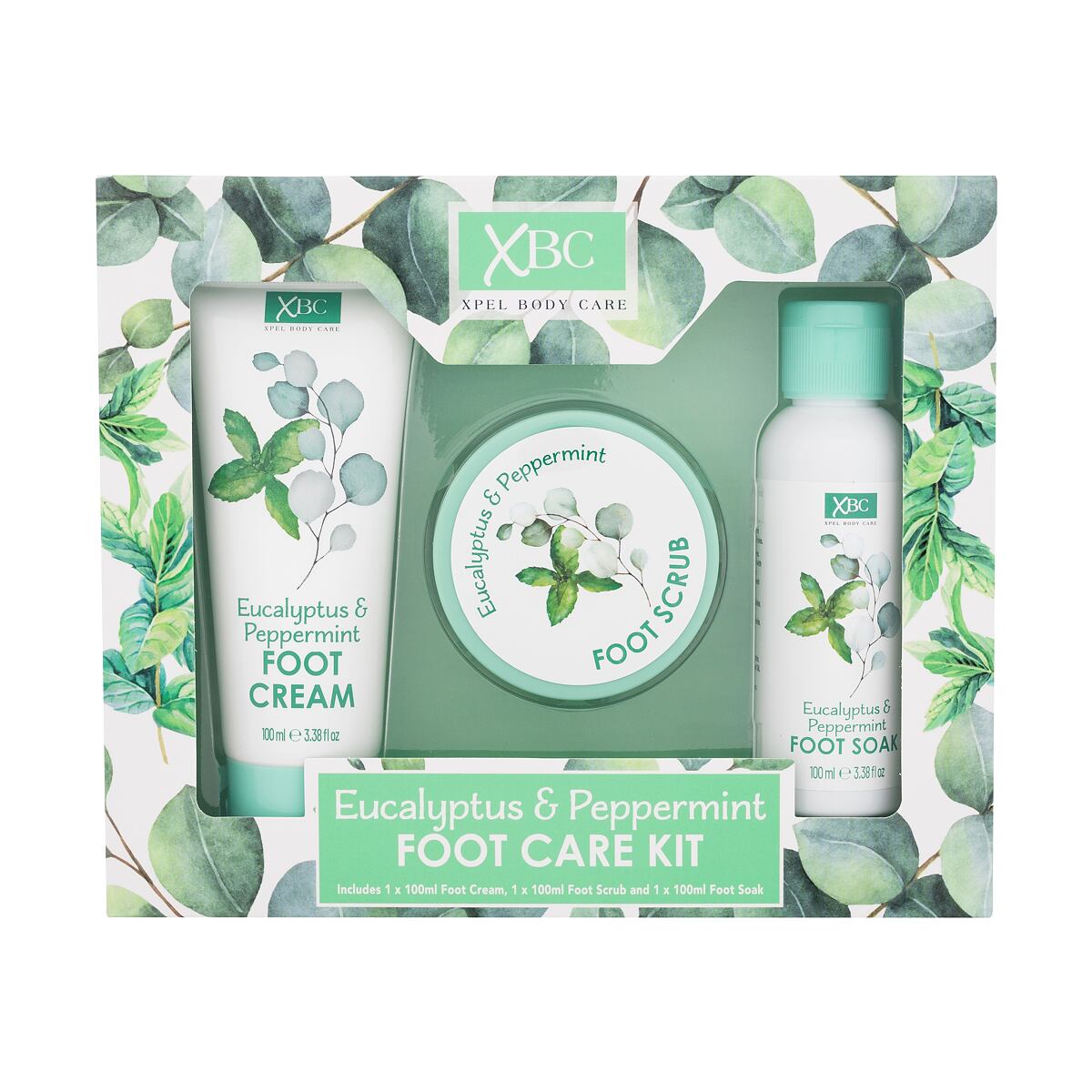 Xpel Eucalyptus & Peppermint Foot Care Kit dámský dárková sada krém na chodidla Eucalyptus & Peppermint Foot Cream 100 ml + koupel na nohy Eucalyptus & Peppermint Foot Soak 100 ml + peeling na chodidla Eucalyptus & Peppermint Foot Scrub 100 ml