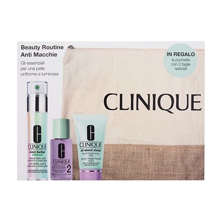 Clinique Beauty Routine Anti Stains dámské dárková sada pleťové sérum Even Better Clinical Radical Dark Spot Corrector Interrupter 30 ml + mýdlo na obličej All About Clean Liquid Facial Soap 30 ml + pleťová voda Clarifying Lotion 2 30 ml + kosmetická tašk