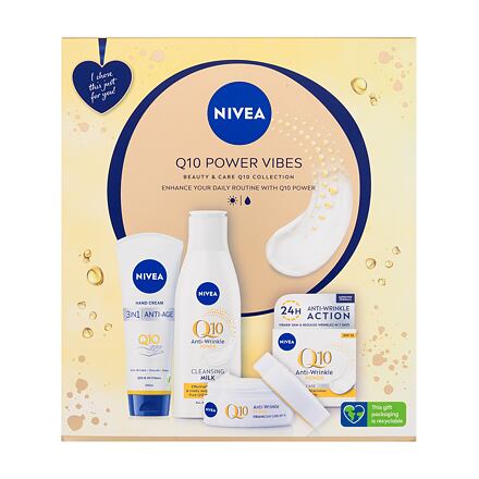 Nivea Q10 Power Vibes dámský dárková sada denní pleťový krém Q10 Anti-Wrinkle Power 50 ml + čístící pleťové mléko Q10 Anti-Wrinkle Power 200 ml + krém na ruce Q10 Hand Cream 100 ml pro ženy