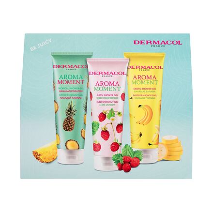 Dermacol Aroma Moment Be Juicy unisex dárková sada sprchový gel Hawaiian Pineapple 250 ml + sprchový gel Wild Strawberries 250 ml + sprchový gel Bahamas Banana 250 ml unisex