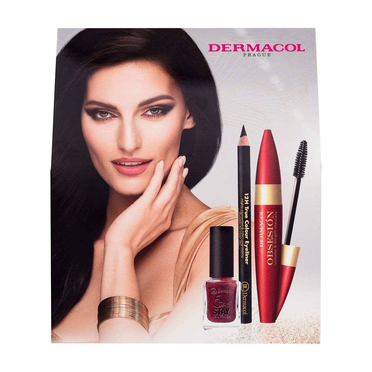 Dermacol Obsesión Volume & Lenght dámská odstín černá dárková sada řasenka Obsesión 9 ml + lak na nehty 5 Days Stay 11 ml + tužka na oči 12H True Colour Eyeliner