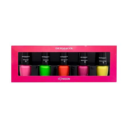 Dermacol Neon Nail Polish Set odstín růžová dárková sada lak na nehty Neon Sugar 26 5 ml + lak na nehty Neon Verde 39 5 ml + lak na nehty Neon Obsession 29 5 ml + lak na nehty Neon Purple Rain 41 5 ml + lak na nehty Neon Gold Digger 43 5 ml