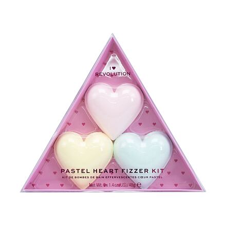 I Heart Revolution Heart Pastel Bath Fizzer Kit odstín strawberry dárková sada koupelová bomba ve tvaru srdce 40 g + koupelová bomba ve tvaru srdce 40 g Passion Fruit + koupelová bomba ve tvaru srdce 40 g Lemon