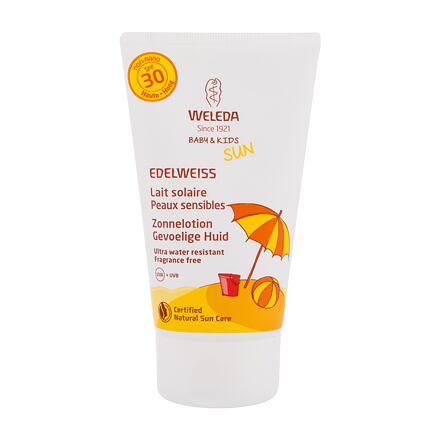 Weleda Baby & Kids Sun Edelweiss Sunscreen Sensitive SPF30 dětský dětské voděodolné opalovací mléko na tělo i obličej 150 ml