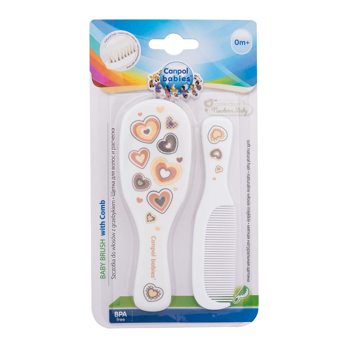 Canpol babies Newborn Baby Baby Brush With Comb Hearts sada: hřeben na vlasy 1 ks + přírodní měkký kartáč na vlasy 1 ks pro děti