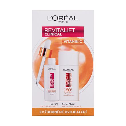 L'Oréal Paris Revitalift Clinical Pure 12% Vitamin C dámské dárková sada pleťové sérum Revitalift Clinical Vitamin C Serum 30 ml + denní pleťový krém Revitalift Clinical Vitamin C Anti-UV Fluid SPF50 50 ml pro ženy