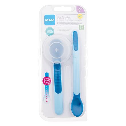 MAM Heat Sensitive Spoons & Cover 6m+ Blue sada: dlouhá lžíce 1 ks + krátká lžíce 1 ks + pouzdro na lžíce