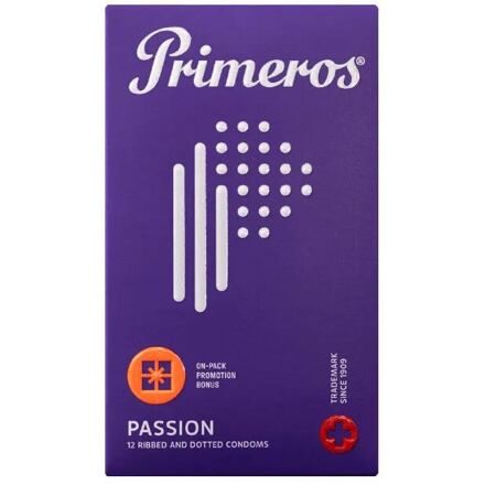 Primeros Passion vroubkované kondomy s vůní kokosu 12 ks pro muže poškozená krabička