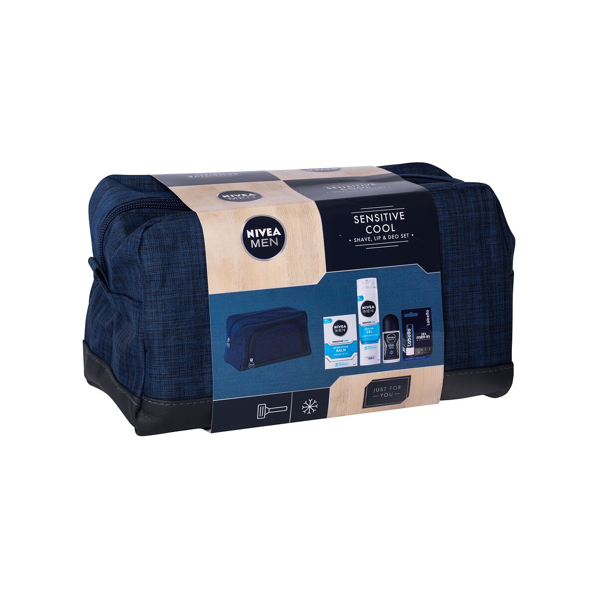 Nivea Men Sensitive Cooling 100 ml sada balzám po holení 100 ml + gel na holení 200 ml + antipespirant roll-on Cool Kick 50 ml + balzám na rty Labello Active For Men 4,8 g + kosmetická taška pro muže