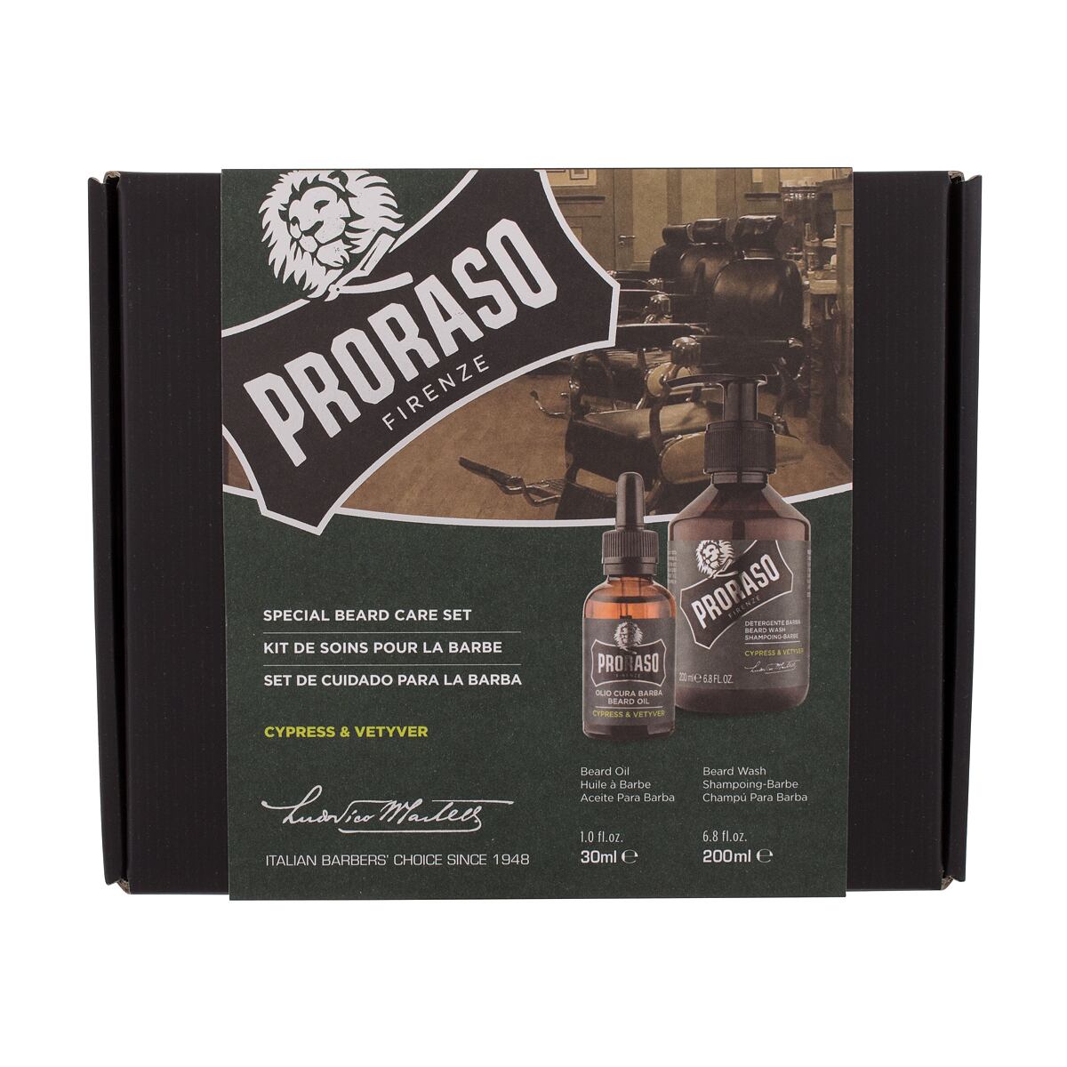 PRORASO Cypress & Vetyver Special Beard Care Set pánský dárková sada šampon na vousy Cypress & Vetyver 200 ml + olej na vousy Cypress & Vetyver 30 ml pro muže