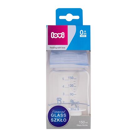 LOVI Baby Shower Glass Bottle Blue 0m+ skleněná láhev s dynamickou savičkou 150 ml