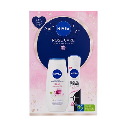 Nivea Rose Care dámský dárková sada sprchový gel Rose & Almond Oil 250 ml + antiperspirant Black & White Invisible Clear 150 ml pro ženy