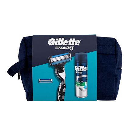 Gillette Mach3 pánský dárková sada holicí strojek 1 ks + náhradní hlavice 1 ks + gel na holení Series Soothing With Aloe Vera Sensitive Shave Gel 200 ml + kosmetická taštička pro muže