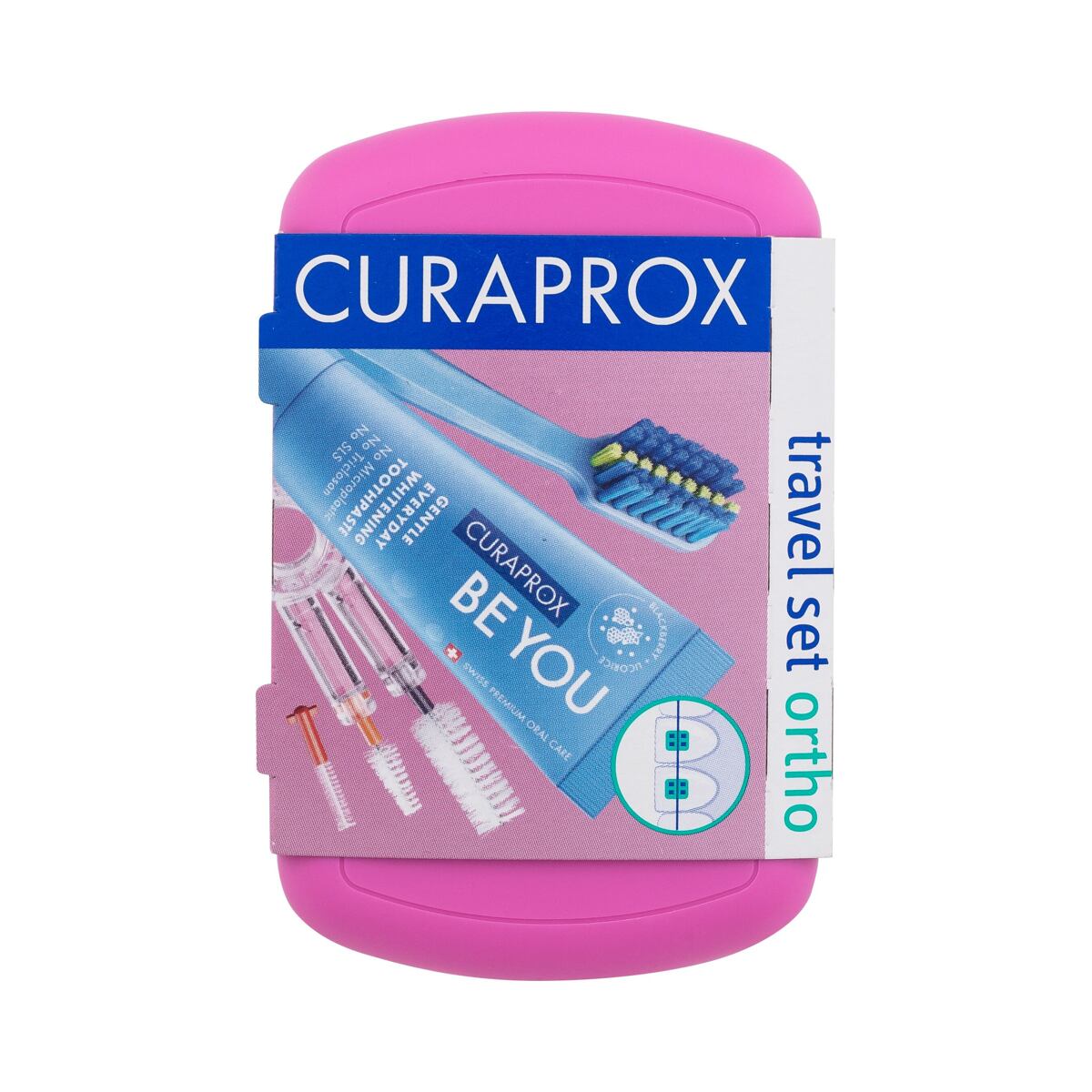 Curaprox Travel Ortho Pink sada: skládací zubní kartáček CS 5460 Ortho 1 ks + zubní pasta Be You Daydreamer Blackberry & Licorice 10 ml + držák na mezizubní kartáčky 1 ks + mezizubní kartáček 3 ks