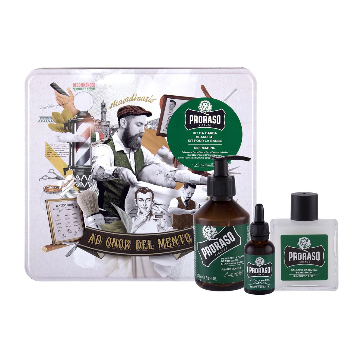 PRORASO Eucalyptus Beard Wash dárková sada šampon na vousy 200 ml + balzám na vousy 100 ml + olej na vousy 30 ml + plechová dóza