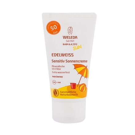 Weleda Baby & Kids Sun Edelweiss Sunscreen Sensitive SPF50 dětský dětské opalovací mléko na tělo i obličej 50 ml
