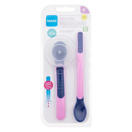 MAM Heat Sensitive Spoons & Cover 6m+ Pink sada: dlouhá lžíce 1 ks + krátká lžíce 1 ks + pouzdro na lžíce