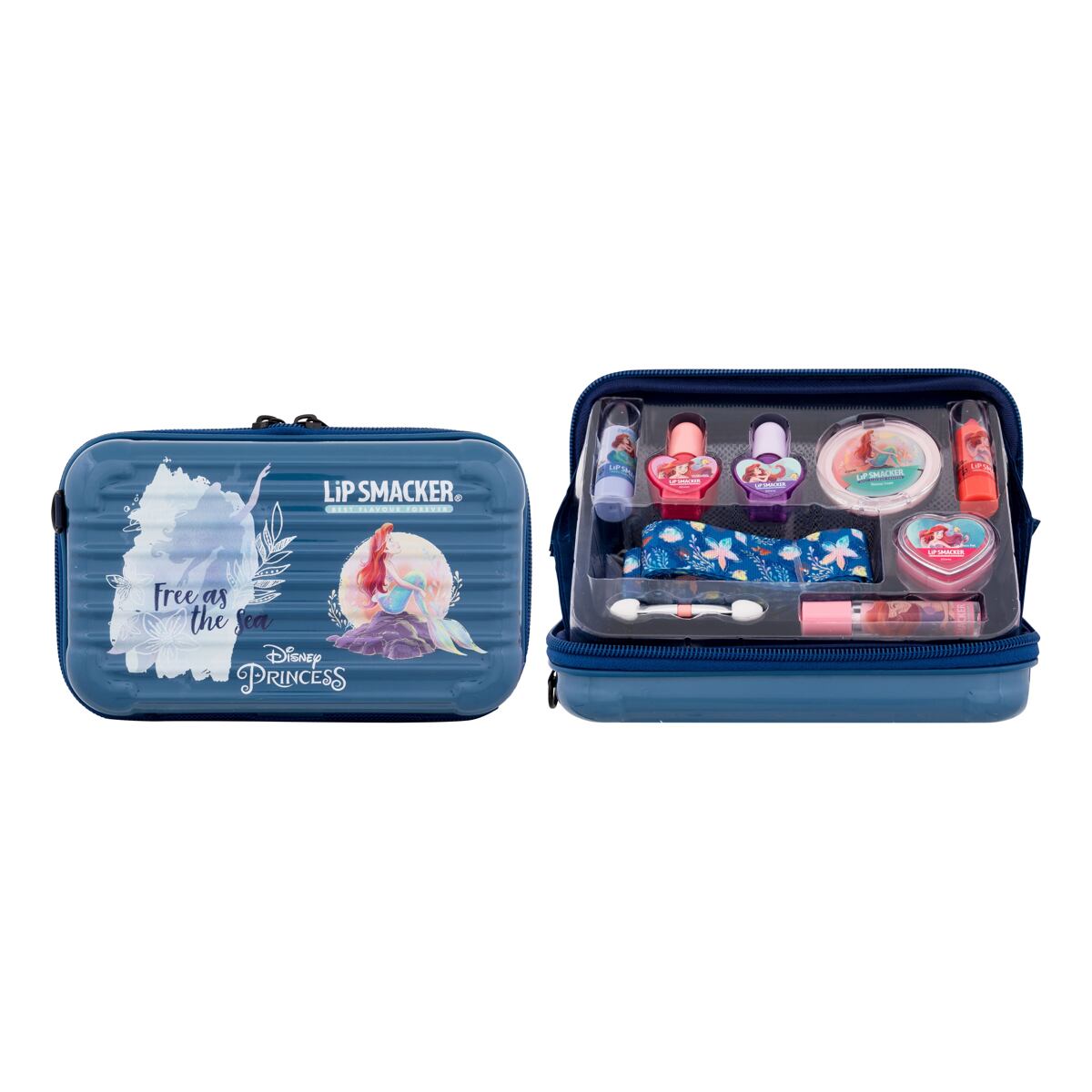 Lip Smacker Disney Princess Ariel Travel To Go Beauty Case dětská odstín růžová dárková sada rtěnka 2 x 1 g + lesk na rty 2 x 1 g + lak na nehty 2 x 4 ml + paletka rozjasňovacích krémů 4 g + aplikátor + klíčenka + pouzdro