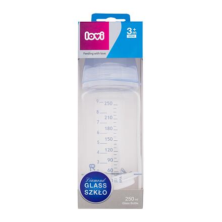 LOVI Baby Shower Glass Bottle Blue 3m+ skleněná láhev s dynamickou savičkou 250 ml