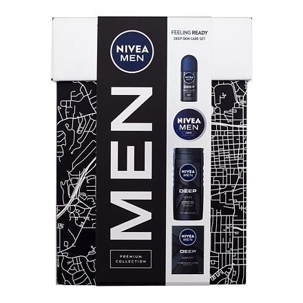 Nivea Men Deep Feeling Ready pánská dárková sada voda po holení Men Deep Comfort 100 ml + sprchový gel Men Deep 250 ml + antiperspirant roll-on Men Deep Black Carbon 50 ml + univerzální krém Men Creme 75 ml