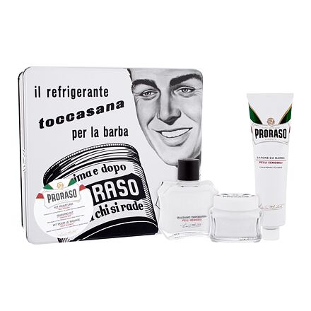 PRORASO White pánský dárková sada balzám po holení White 100 ml + krém před holením White 100 ml + krém na holení White 150 ml + plechová dóza