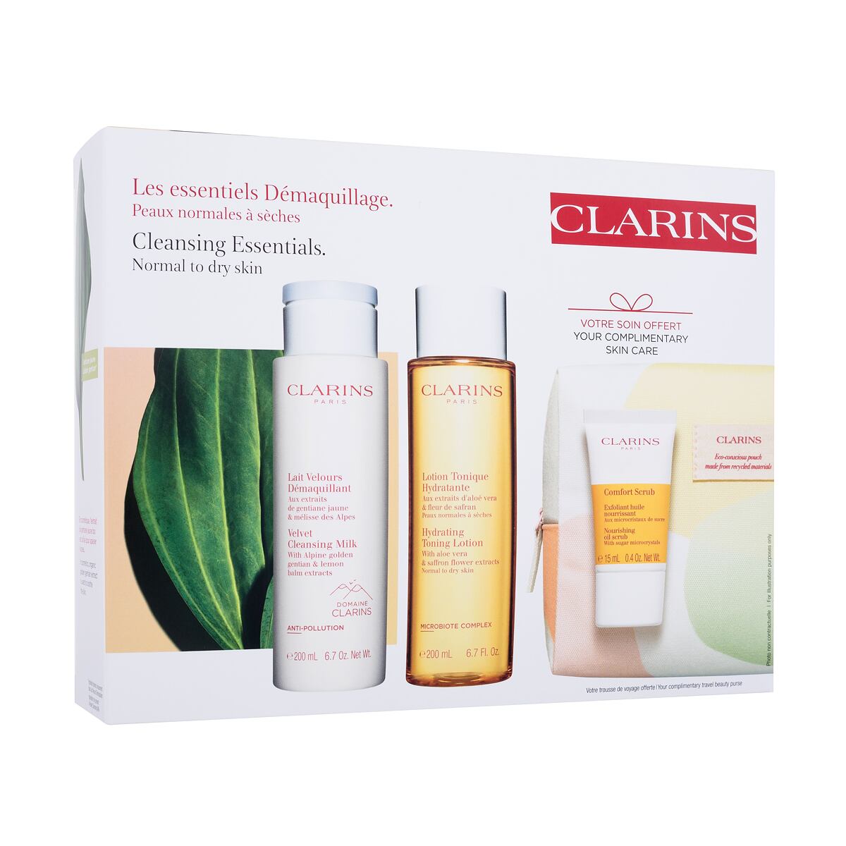 Clarins Cleansing Essentials dámské dárková sada čisticí mléko Velvet Cleansing Milk 200 ml + pleťové tonikum Hydrating Toning Lotion 200 ml + peeling Nourishing Oil Scrub 15 ml + kosmetická taštička pro ženy