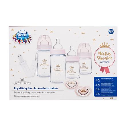 Canpol babies Royal Baby Set Little Princess dárková sada kojenecká láhev EasyStart Anti-Colic 2 x 240 ml + kojenecká láhev EasyStart Anti-Colic 2 x 120 ml + dudlík Light Touch Royal Baby Soother 2 x 0-6m + stužka na dudlík Royal Baby Soother Clip With Ri