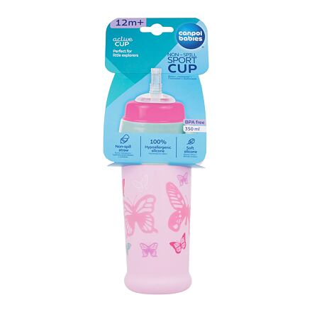 Canpol babies Active Cup Non-Spill Sport Cup Butterfly Pink sportovní lahev se slámkou 350 ml