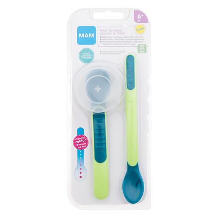 MAM Heat Sensitive Spoons & Cover 6m+ Green sada: dlouhá lžíce 1 ks + krátká lžíce 1 ks + pouzdro na lžíce