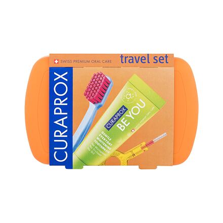 Curaprox Travel Set Orange sada: skládací zubní kartáček CS 5460 Ultra Soft 1 ks + zubní pasta Be You Explorer Apple & Aloe 10 ml + mezizubní kartáček 2 ks + držák na mezizubní kartáček 1 ks