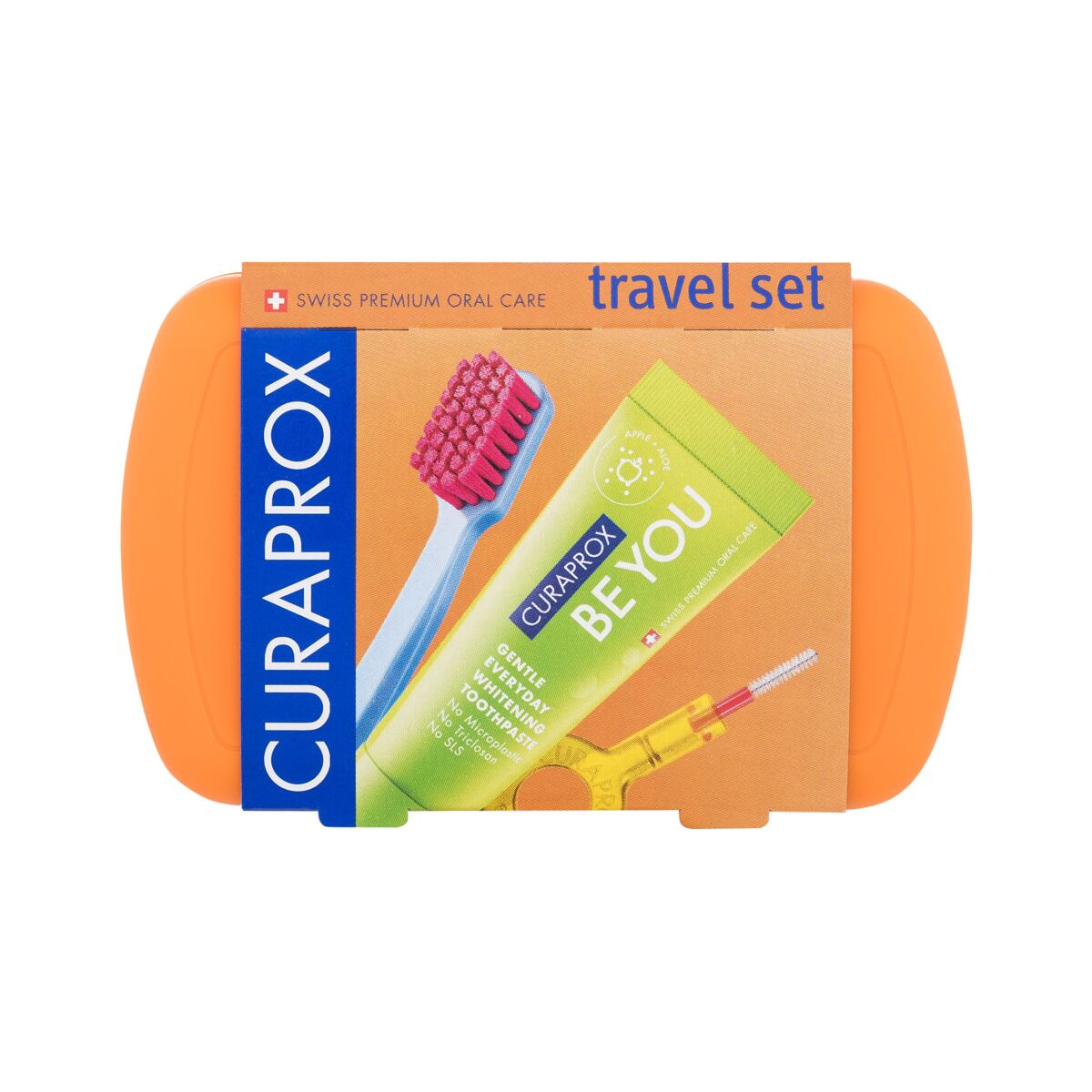 Curaprox Travel Set Orange sada: skládací zubní kartáček CS 5460 Ultra Soft 1 ks + zubní pasta Be You Explorer Apple & Aloe 10 ml + mezizubní kartáček 2 ks + držák na mezizubní kartáček 1 ks