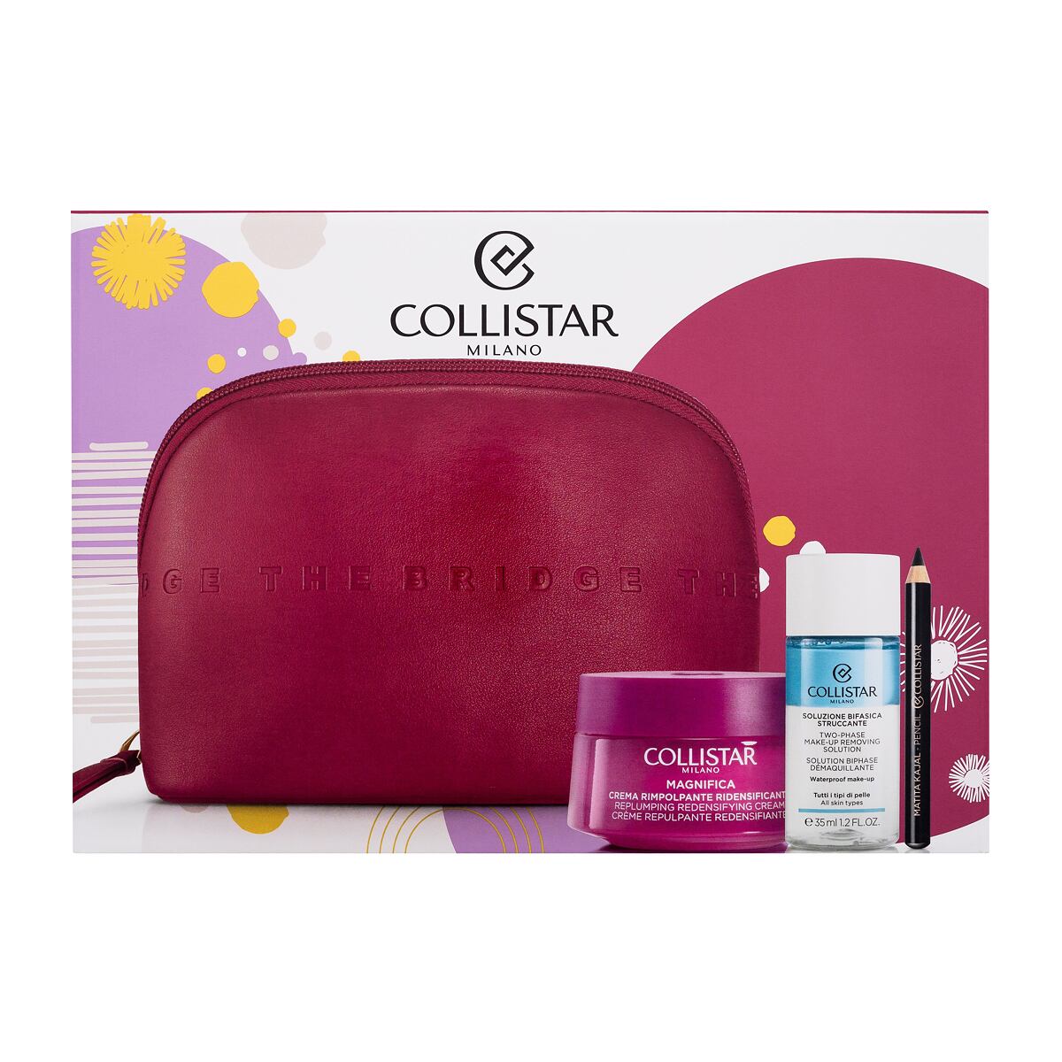 Collistar Magnifica Replumping Redensifying Cream dámský dárková sada denní pleťový krém Magnifica Replumping Redensifying Cream 50 ml + dvoufázový odličovač Two Phase Make-up Removing Solution 35 ml + tužka na oči Kajal Pencil 0,8 g Black + kosmetická ta